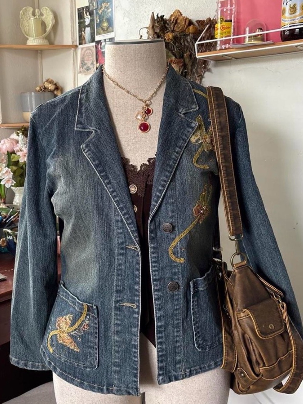 Vintage Y2K JouJou Denim Jacket Blazer Embroidered Butterflies Bling M Medium
